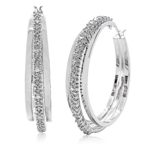 Silver hoop earrings with a double row of sparkling stones, featuring a polished finish.