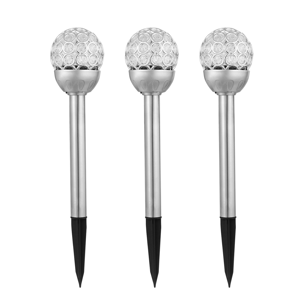 Set of three solar-powered garden lights with crystal-like spherical tops and silver poles, featuring black pointed stakes for easy ground installation.