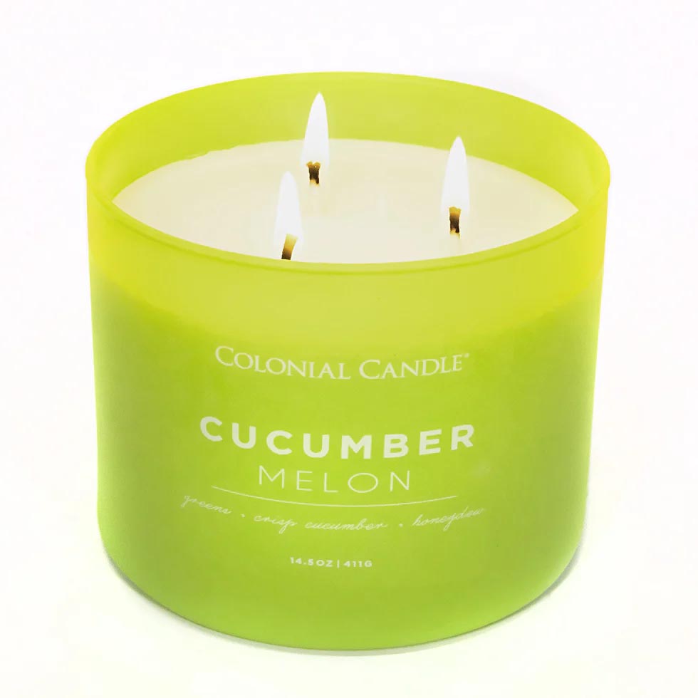 Colonial Candle 14.5 oz, Cucumber Melon scented candle with three wicks, featuring a green frosted glass container.