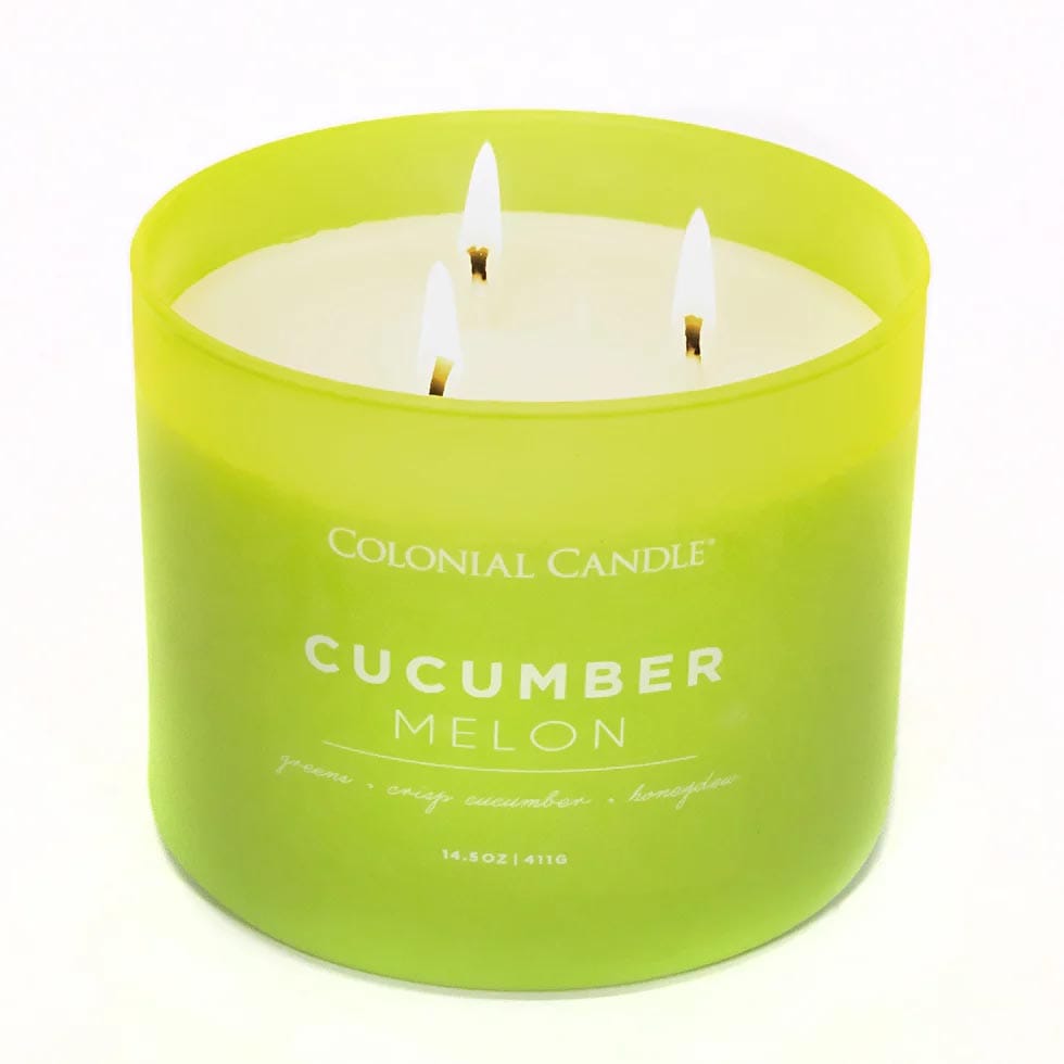 Colonial Candle 14.5 oz, Cucumber Melon scented candle with three wicks, featuring a green frosted glass container.