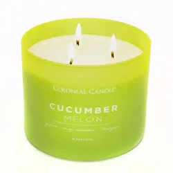 Colonial Candle 14.5 oz, Cucumber Melon scented candle with three wicks, featuring a green frosted glass container.