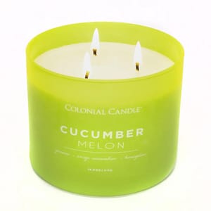 Colonial Candle 14.5 oz, Cucumber Melon scented candle with three wicks, featuring a green frosted glass container.