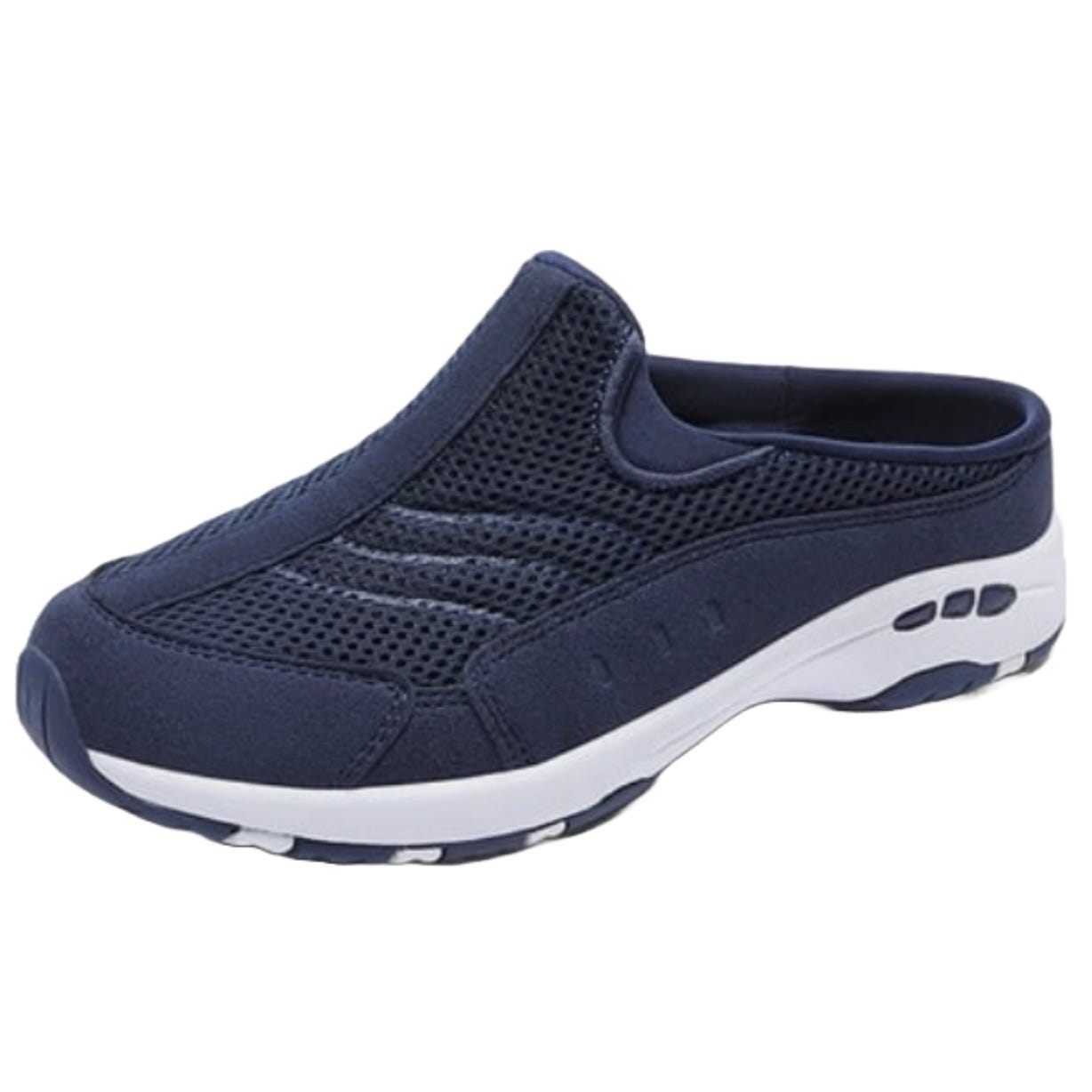 Navy blue slip-on sneaker with a breathable mesh upper, closed toe, and white cushioned sole designed for casual comfort and easy wear.