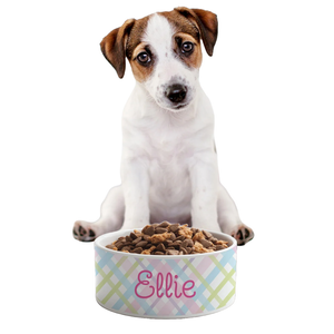 Chip-resistant custom pet bowls featuring a pastel plaid pattern and personalized with the name \“Ellie\“ hold kibble, accompanied by a small dog.