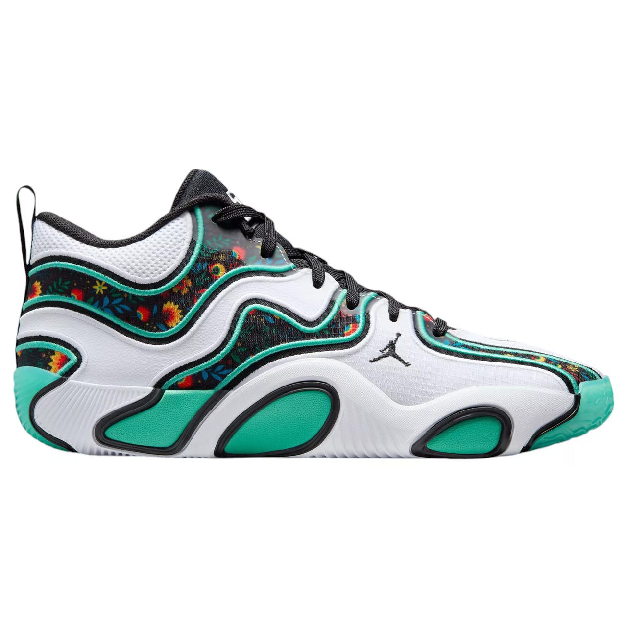 The Jordan Tatum 3 \“Welcome to the Garden\“ features a white base with bold turquoise accents, floral patterns, and wavy black overlays. It sports the Jumpman logo near the laces and a unique, textured outsole design.