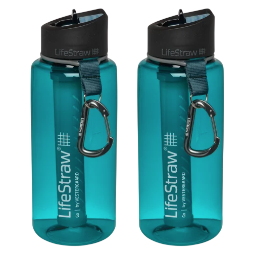 Two LifeStraw water bottles with built-in filters and attached carabiners, in a blue color.