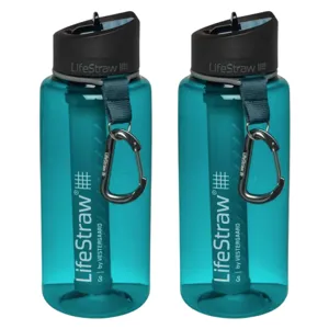 Two LifeStraw water bottles with built-in filters and attached carabiners, in a blue color.