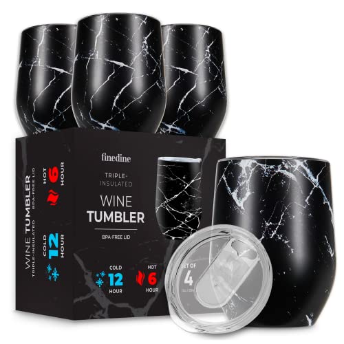 A set of four black insulated wine tumblers with a white marble pattern, each accompanied by a clear lid, designed to maintain beverage temperature.