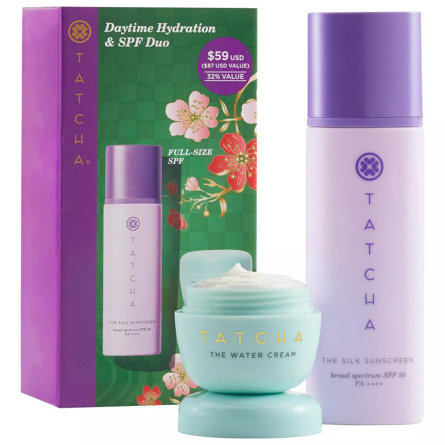 Tatcha Daytime Hydration & SPF Duo includes The Water Cream and The Silk Sunscreen, offering a combination of hydration and broad-spectrum SPF 50 protection. The set is valued at $87 USD, priced at $59 USD, providing a 32% saving.