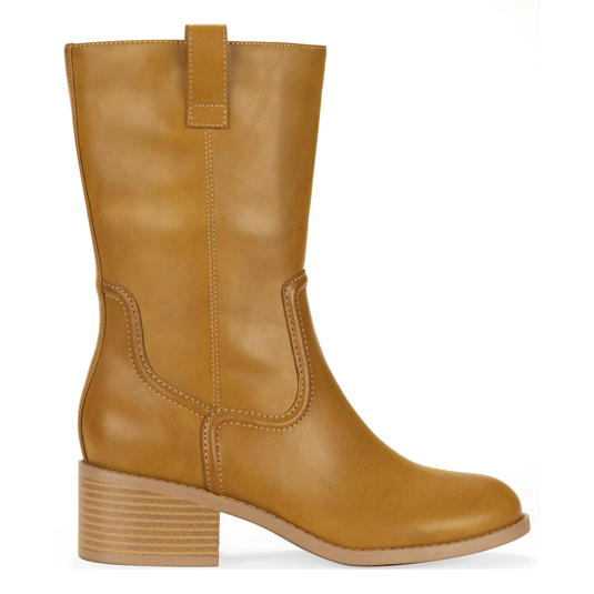 Tan mid-calf boot with a block heel, featuring sleek stitching and a pull tab at the top.