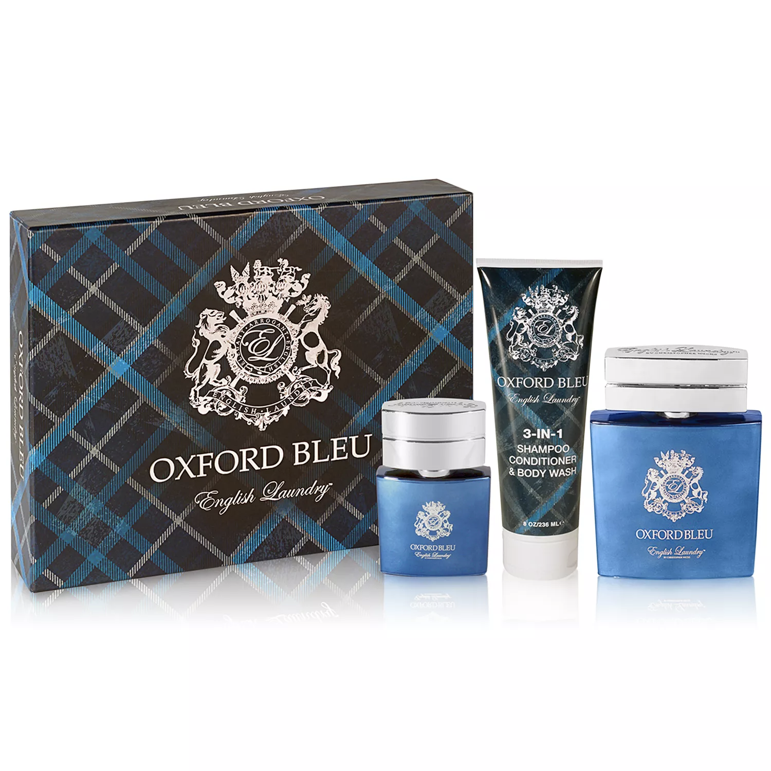Oxford Bleu by English Laundry gift set includes cologne, 3-in-1 shampoo, conditioner, body wash, and a large bottle of fragrance, packaged in a blue and black tartan box.