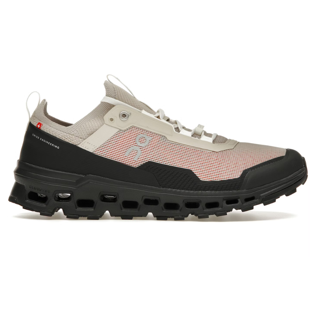 Trail running shoe with a sleek design, featuring a beige and red mesh upper, black rubber sole with distinctive cushioning, and Swiss Engineering branding.