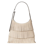 A beige fringed handbag with a single shoulder strap, featuring layered fringes for a textured look.