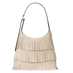A beige fringed handbag with a single shoulder strap, featuring layered fringes for a textured look.