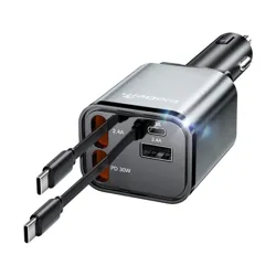 A car charger with two USB-C ports, one USB-A port, and two extra power sockets, capable of 30W Power Delivery.