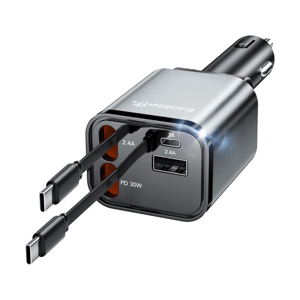 A car charger with two USB-C ports, one USB-A port, and two extra power sockets, capable of 30W Power Delivery.