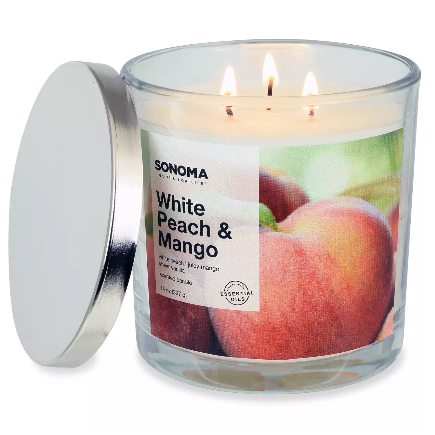 Sonoma Goods for Life White Peach & Mango scented candle, 14 oz, with notes of white peach, juicy mango, and sheer vanilla, featuring a metal lid and three wicks.