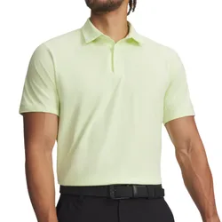 A man is wearing a light yellow short-sleeve polo shirt paired with black pants and a black belt.