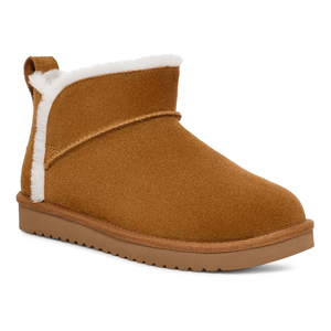 Brown suede ankle boot with white fleece lining, a loop at the back, and a flat rubber sole.