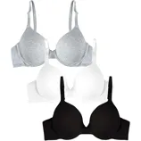 A set of three bras in different colors: gray, white, and black. Each bra features adjustable straps and underwire support.