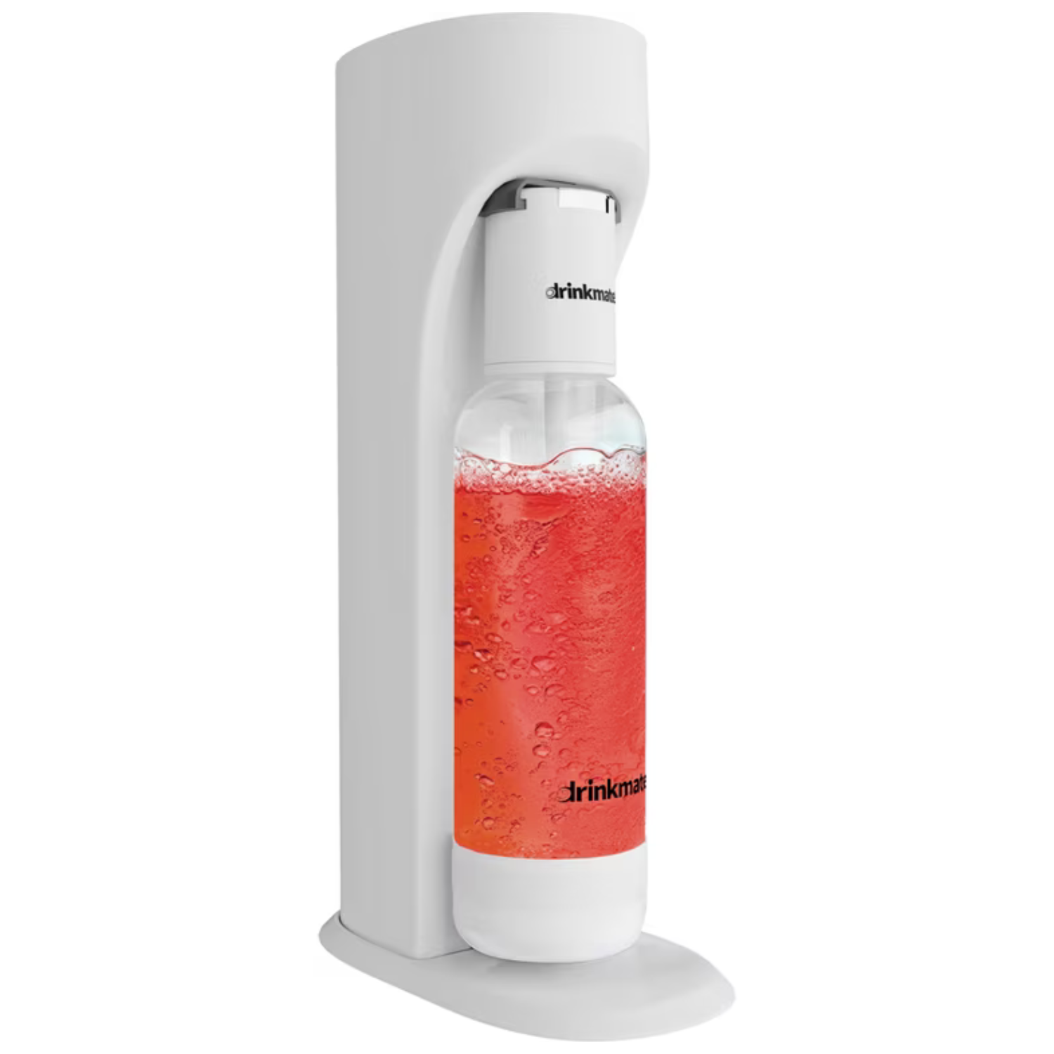 The Drinkmate OmniFizz Drink Carbonator is a white countertop appliance designed to carbonate beverages, featuring a bottle filled with red fizzy liquid.
