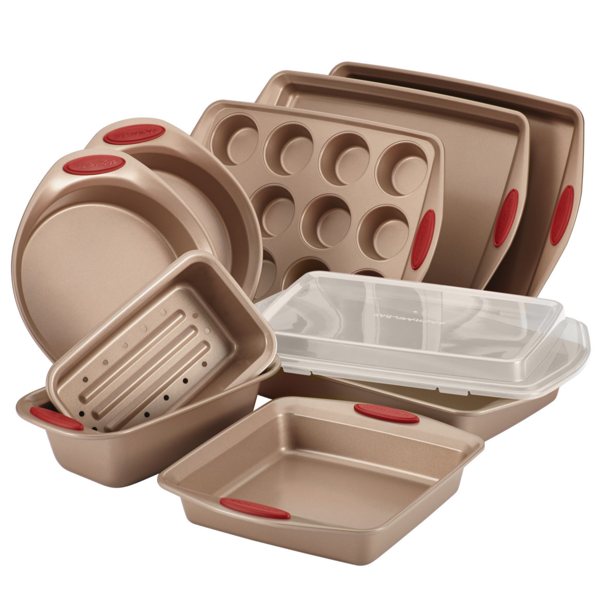 A nonstick bakeware set includes round cake pans, muffin pan, loaf pan, square pan, baking sheets, and a pan with a plastic lid, featuring red silicone grips for easy handling.
