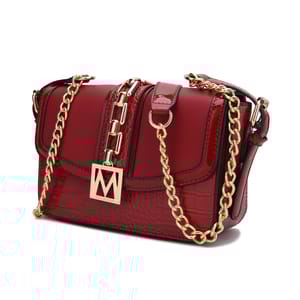 A red handbag with gold chain straps, featuring a textured crocodile pattern and a gold \“M\“ emblem on the front.