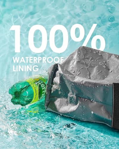 A gray, waterproof car trash can partially submerged in water, demonstrating its water-resistant lining, with a green plastic bottle beside it.