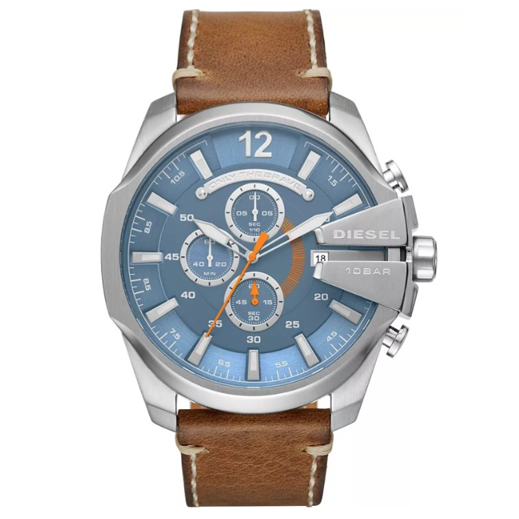 Diesel men's watch with a blue dial, chronograph features, and brown leather strap. The watch includes silver-tone hour markers, a date display, and 10 bar water resistance.