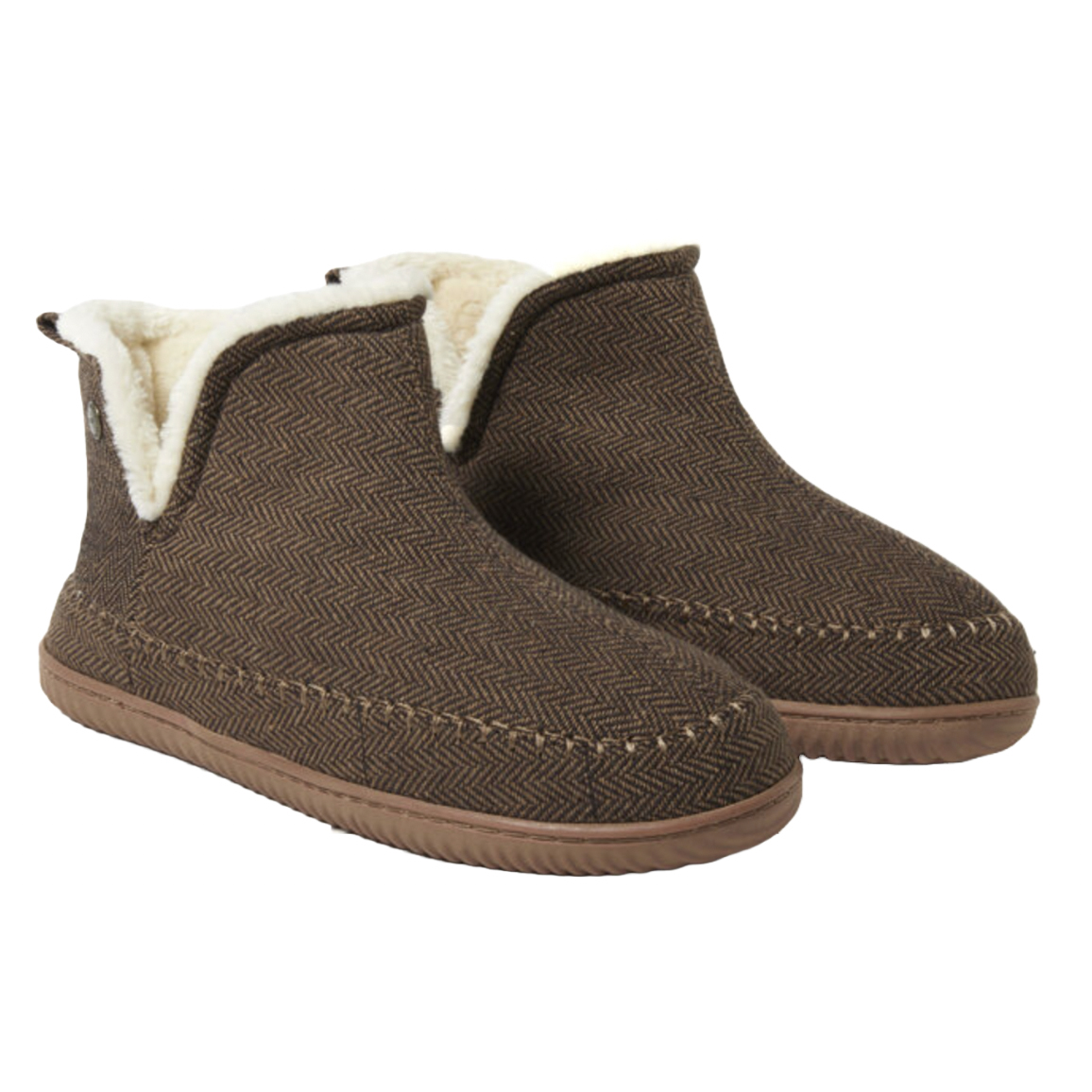 Brown herringbone-patterned ankle slippers with faux fur lining and rubber soles.