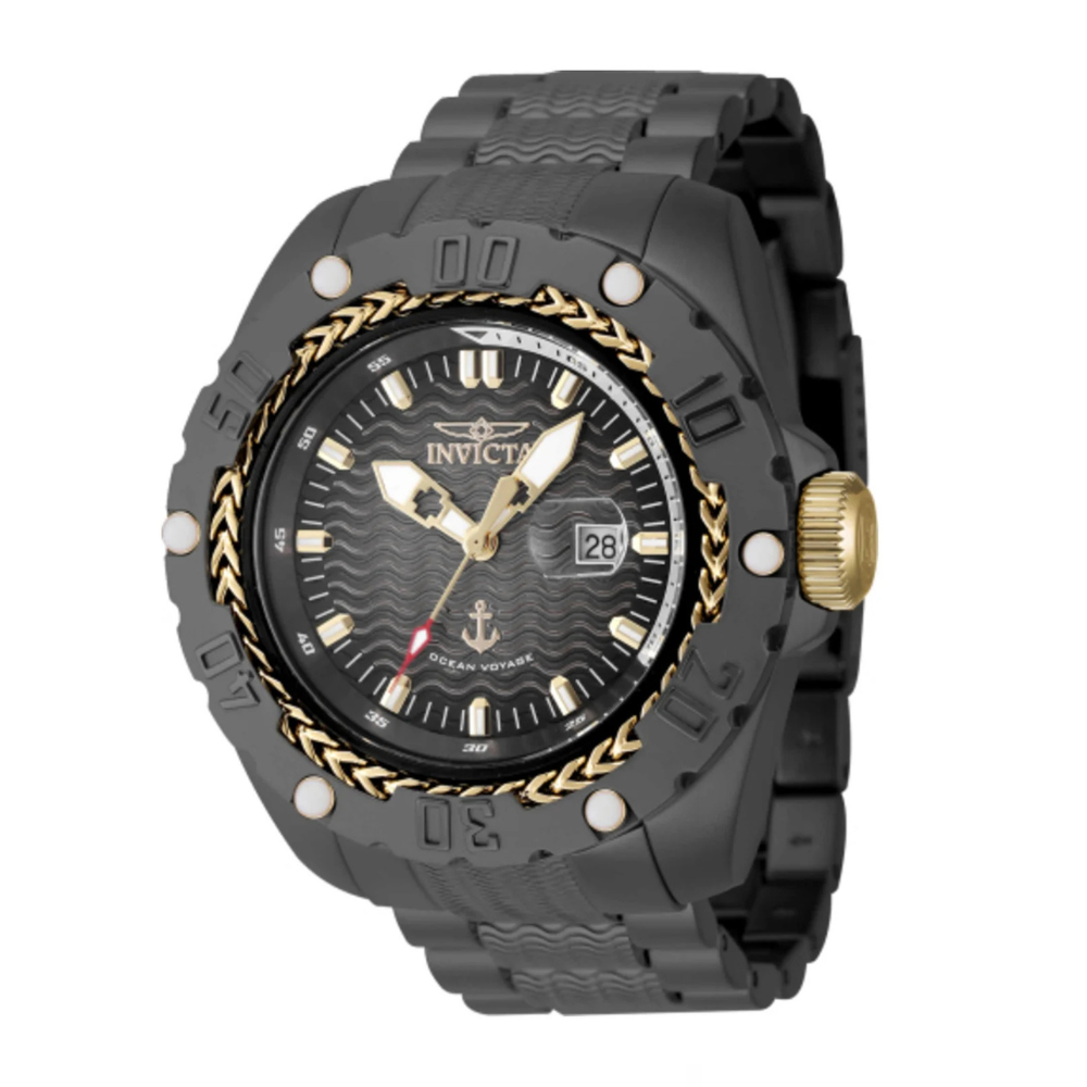 A rugged black Invicta wristwatch featuring a gold-toned braided bezel, wavy patterned dial, date display, and anchor motif at 6 o'clock, with a textured black strap and gold accents.
