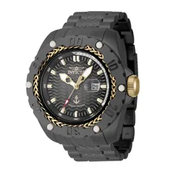 A rugged black Invicta wristwatch featuring a gold-toned braided bezel, wavy patterned dial, date display, and anchor motif at 6 o'clock, with a textured black strap and gold accents.