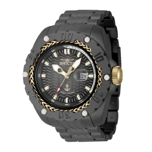 A rugged black Invicta wristwatch featuring a gold-toned braided bezel, wavy patterned dial, date display, and anchor motif at 6 o'clock, with a textured black strap and gold accents.