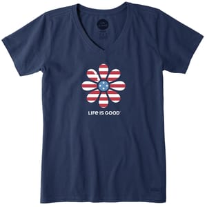 Navy blue V-neck T-shirt featuring a daisy design in stars and stripes motif, with \“Life Is Good\“ printed below the flower.