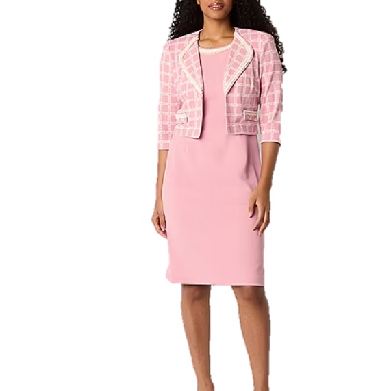 A pink sleeveless dress is paired with a coordinating pink plaid cropped jacket featuring white trim and 3/4-length sleeves.