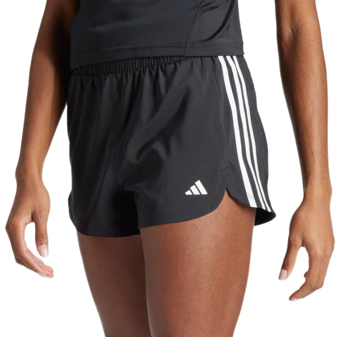 Black athletic shorts with white stripes and a logo, featuring an elastic waistband.