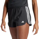 Black athletic shorts with white stripes and a logo, featuring an elastic waistband.
