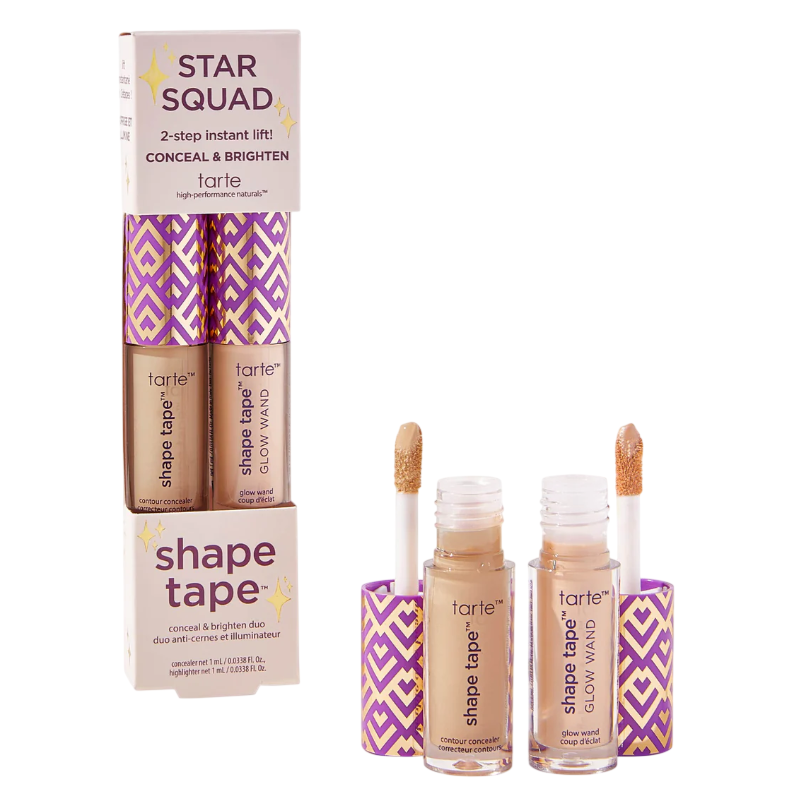 Tarte's \“Star Squad\“ set includes Shape Tape Contour Concealer and Glow Wand, designed for concealing and brightening. The packaging features a purple and gold geometric design.