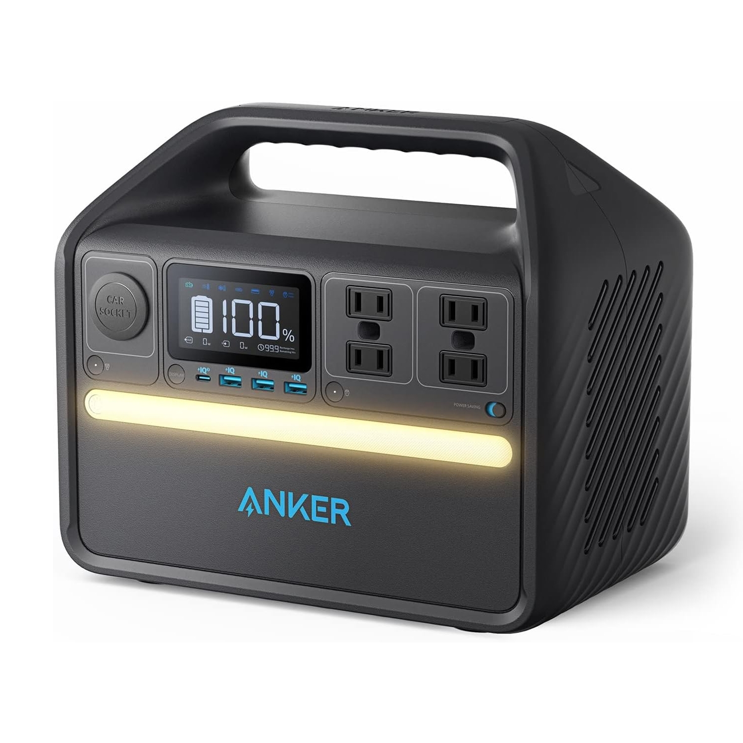 Portable power station with an LCD display, four AC outlets, multiple USB ports, and a car socket. It features a carrying handle and an integrated LED light strip.