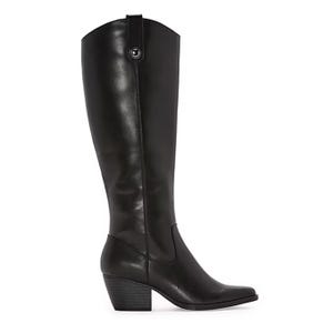 A tall black leather boot with a low block heel and a pointed toe design, featuring a side pull strap for easy wearing.