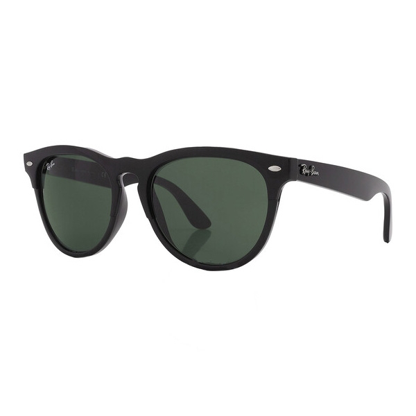 Black sunglasses with green lenses and a classic wayfarer design.