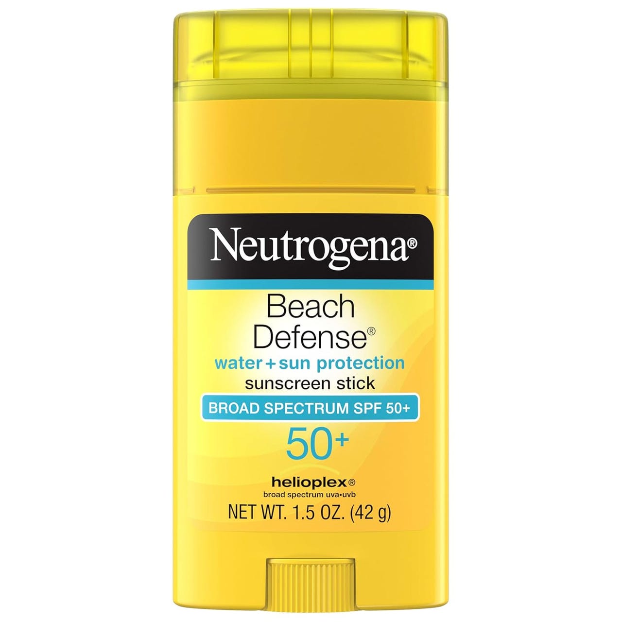 Neutrogena Beach Defense sunscreen stick, SPF 50+, broad spectrum, 1.5 oz (42 g), for water and sun protection.