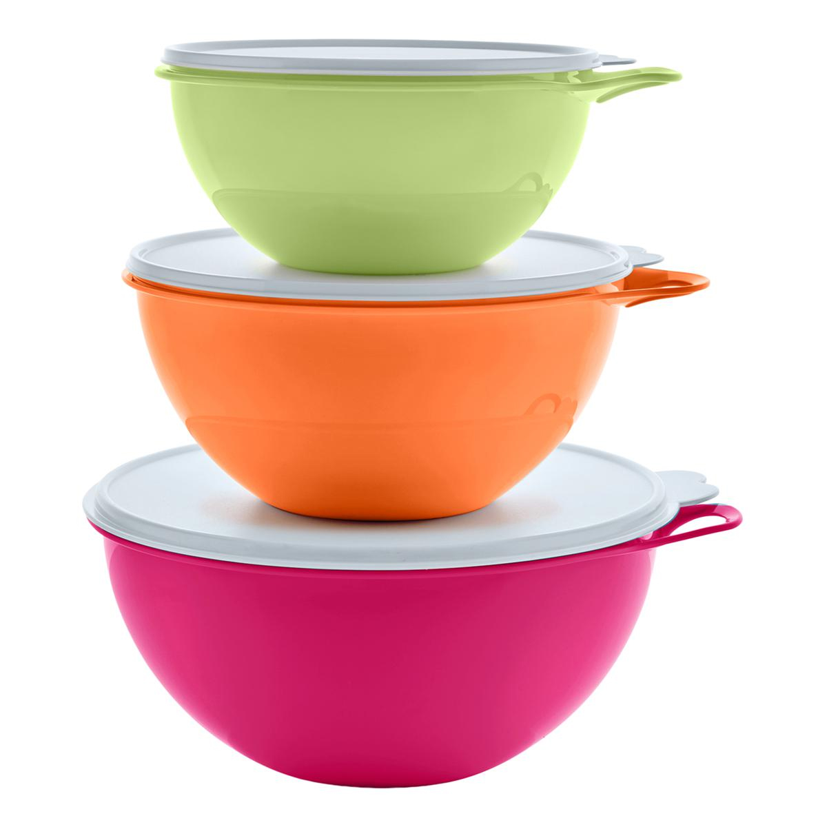 A stack of three colorful Tupperware bowls with lids, featuring green, orange, and pink colors. Each bowl has a white lid and side handles for easy handling.