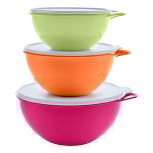 A stack of three colorful Tupperware bowls with lids, featuring green, orange, and pink colors. Each bowl has a white lid and side handles for easy handling.