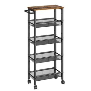 A 5-tier rolling cart featuring a metal frame, mesh drawers, and a wooden top, with swivel wheels for easy mobility.