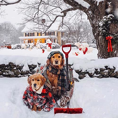 Two golden retrievers are dressed in winter outfits, with one holding a red shovel, posing in front of a winter scene with a house and outdoor polar bear decorations adorned with red ribbons.