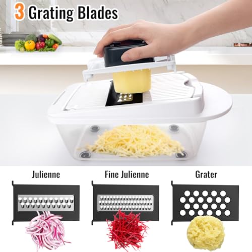 A kitchen grater set with three interchangeable blades: julienne, fine julienne, and grater, shown with cheese.