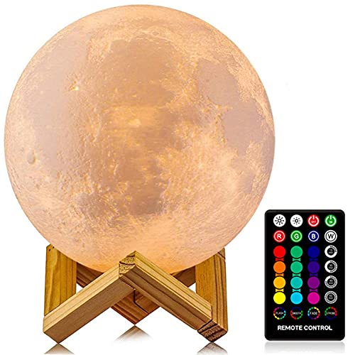 A 3D-printed spherical lamp with a surface mimicking Mars, displayed on a wooden stand, comes with a remote control offering 16 different LED colors.