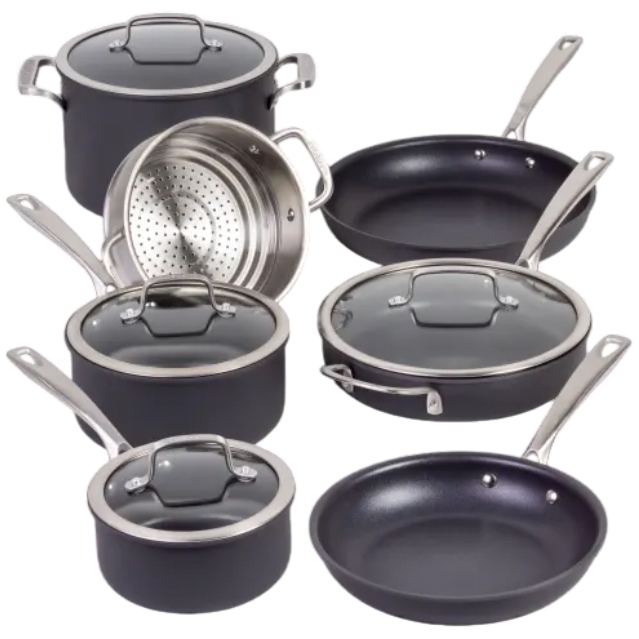 A cookware set featuring various pots, pans, and a steamer insert, all with stainless steel handles and glass lids. Suitable for diverse cooking needs.