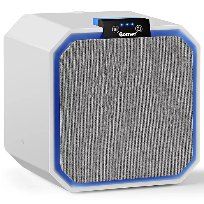 A Costway desktop HEPA air purifier with a cubic design features a fabric-covered front, blue LED strip, and a control panel with power and air flow buttons, along with LED indicators on top.